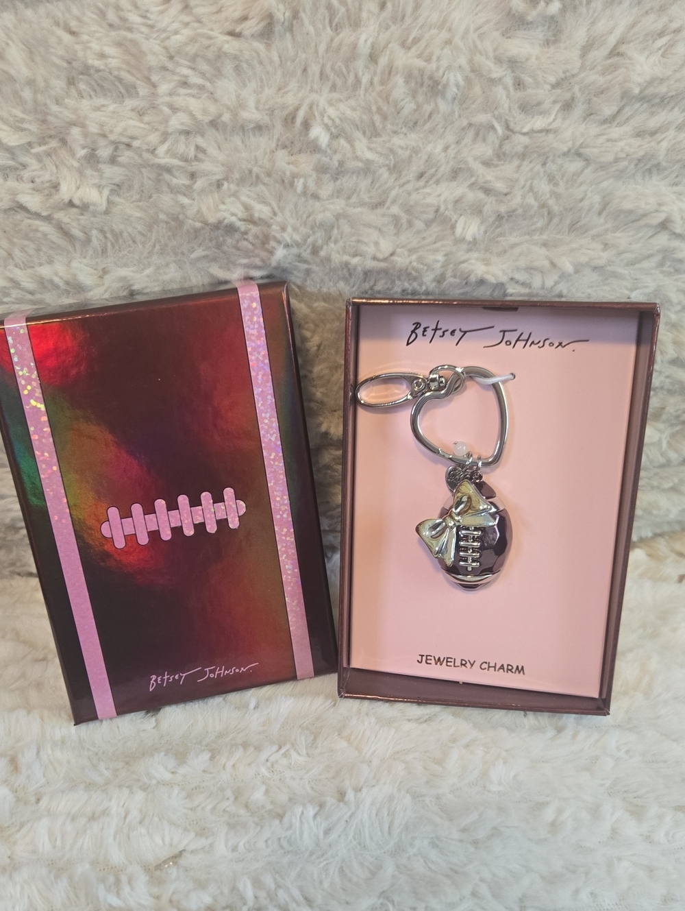 Betsey Johnson Silver & Gold Football Keychain Charm - Pink Box